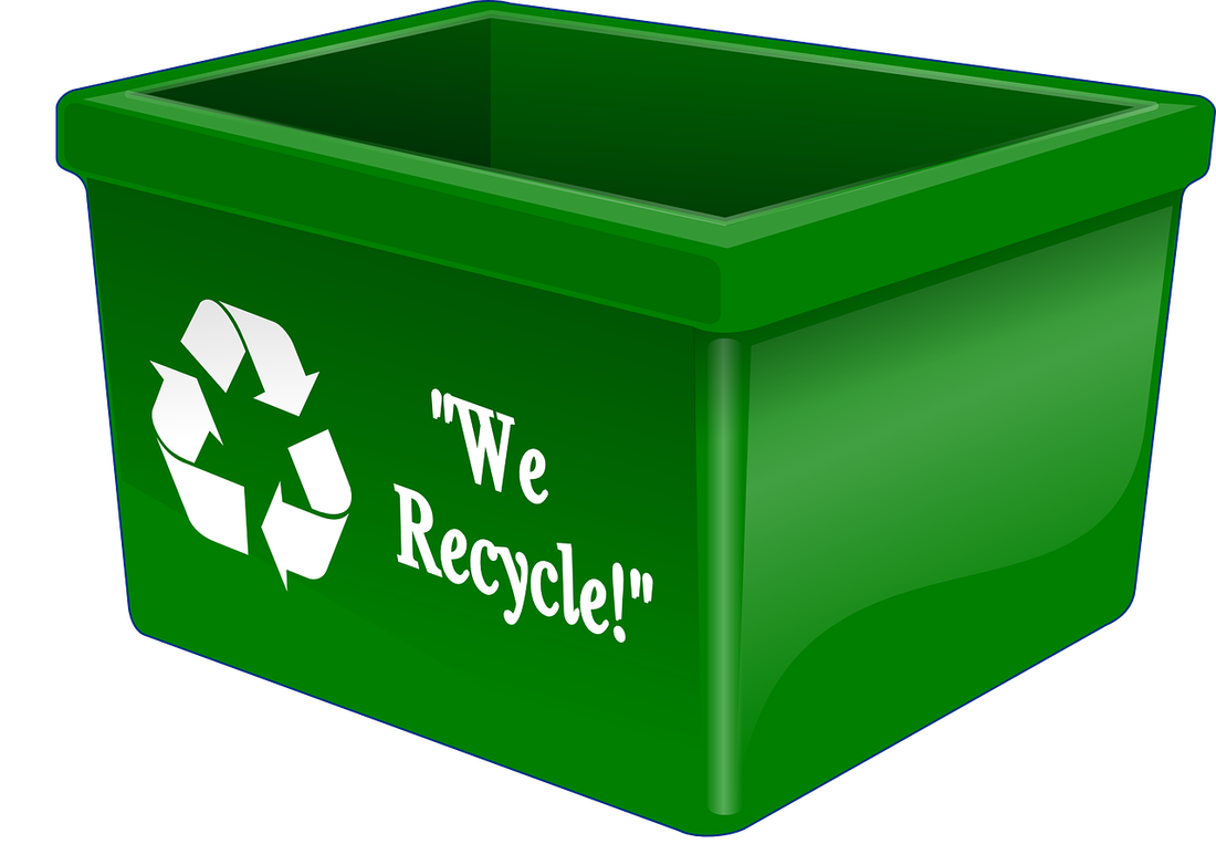 A green recycling bin with a white caption saying we recycle. Three white arrows are to the left of the caption and are drawn in a triangle to symbolise recycling.